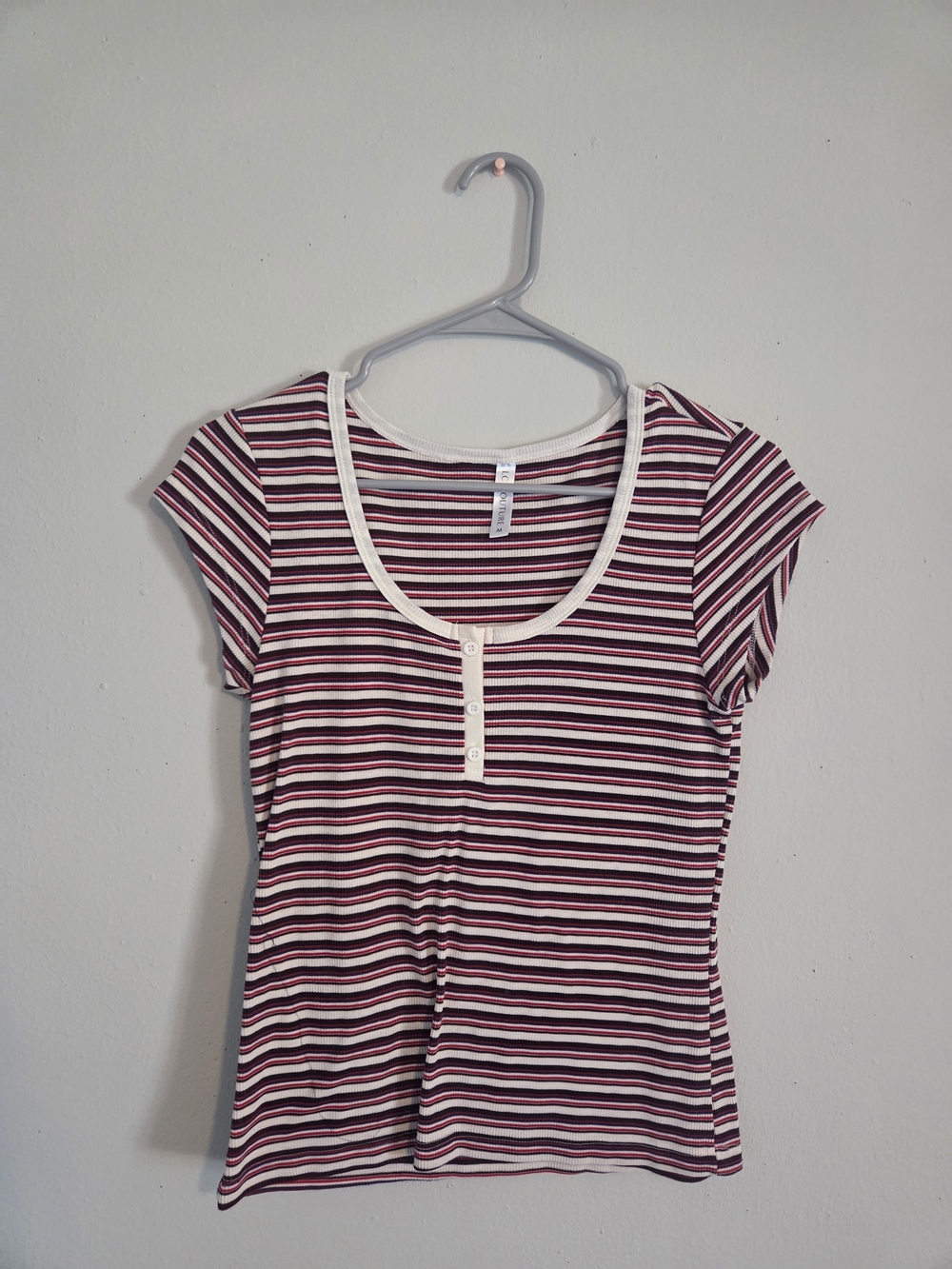 Striped Short Sleeve Scoop Neck Top Red, White, And Blue